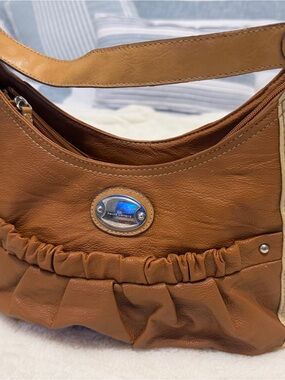 Harve Benard Tan Ruched Shoulder Bag with Metal Logo Plate